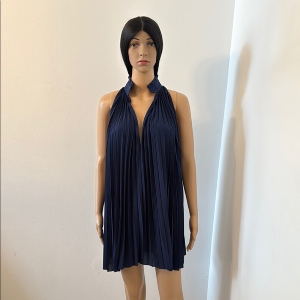 Babaton Blue Pleated Halter Mini Dress